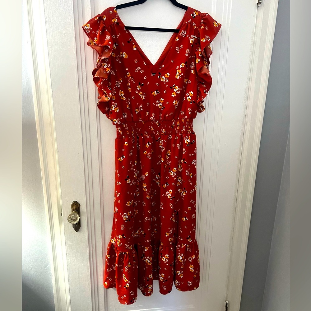 Express Floral V-Neck Flutter Sleeve Smocked Waist Midi Dress